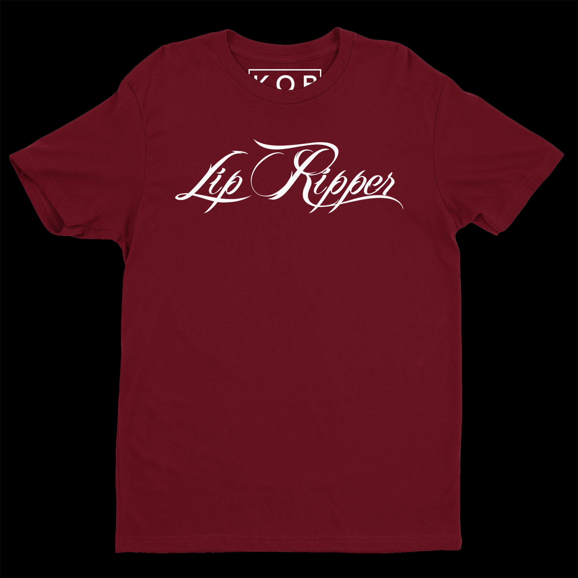 Front side of a burgundy shirt. It says Lip Ripper across the front chest. Neck tag says K.O.B Fishing Apparel