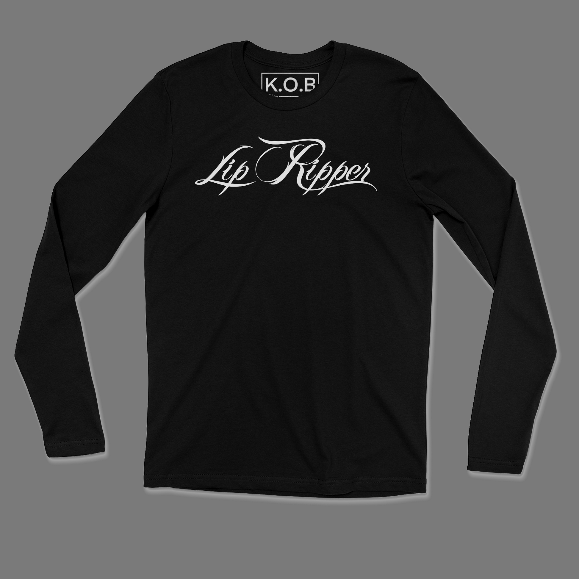 Front side of a black long sleeve shirt. It says Lip Ripper across the front chest. Neck tag says K.O.B Fishing Apparel