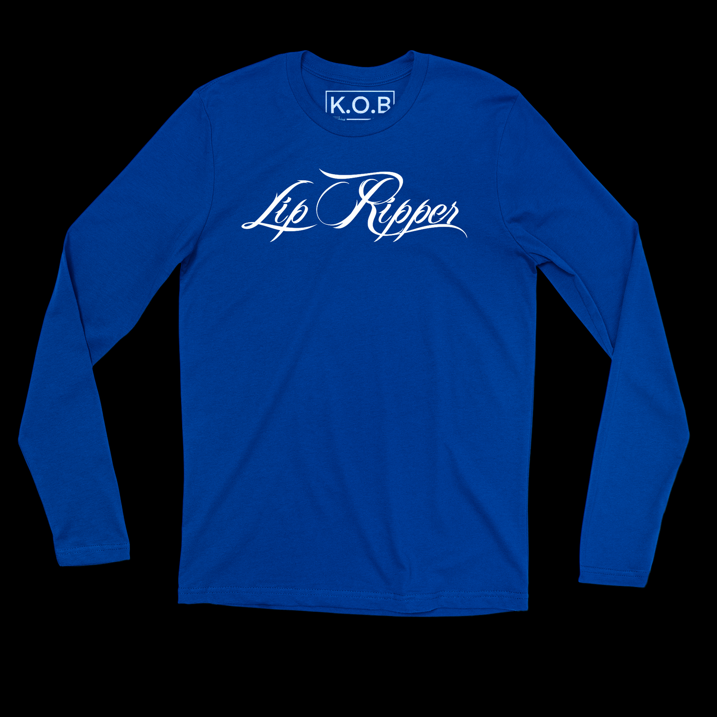 Front side of a blue long sleeve shirt. It says Lip Ripper across the front chest. Neck tag says K.O.B Fishing Apparel