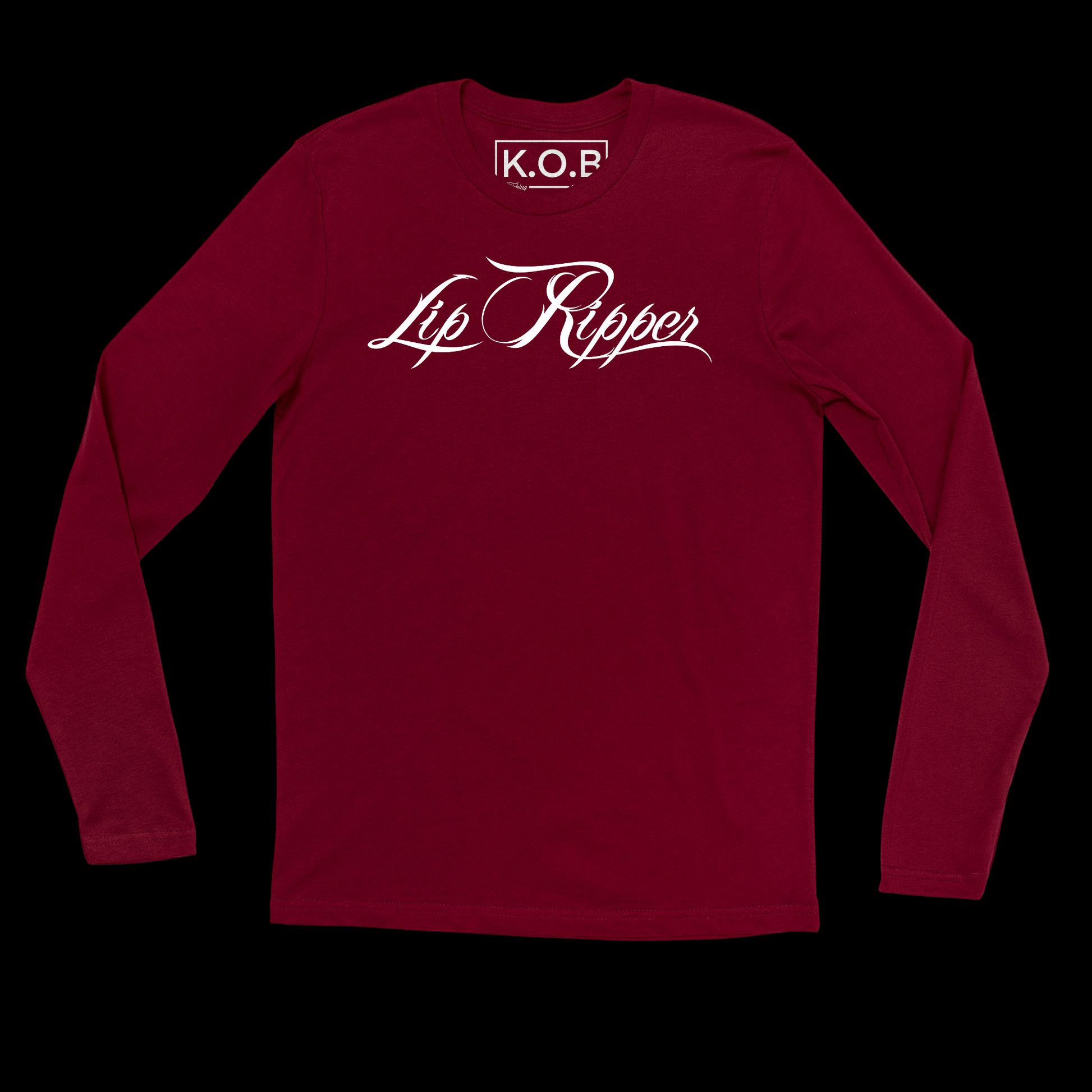 Front side of a burgundy long sleeve shirt. It says Lip Ripper across the front chest. Neck tag says K.O.B Fishing Apparel