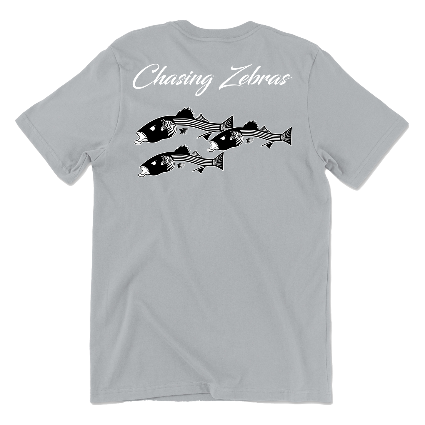 Back of a light gray t shirt. It says Chasing Zebras across the back and under it has a design of 3 striped bass in black and white and the striped bass have zebras on the side of their head