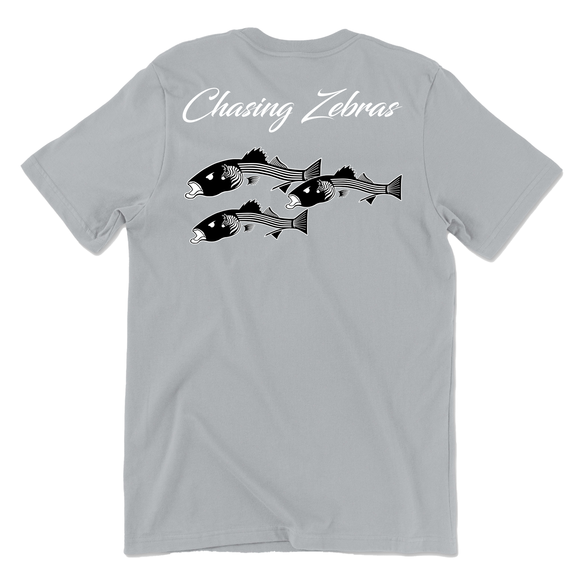 Back of a light gray t shirt. It says Chasing Zebras across the back and under it has a design of 3 striped bass in black and white and the striped bass have zebras on the side of their head