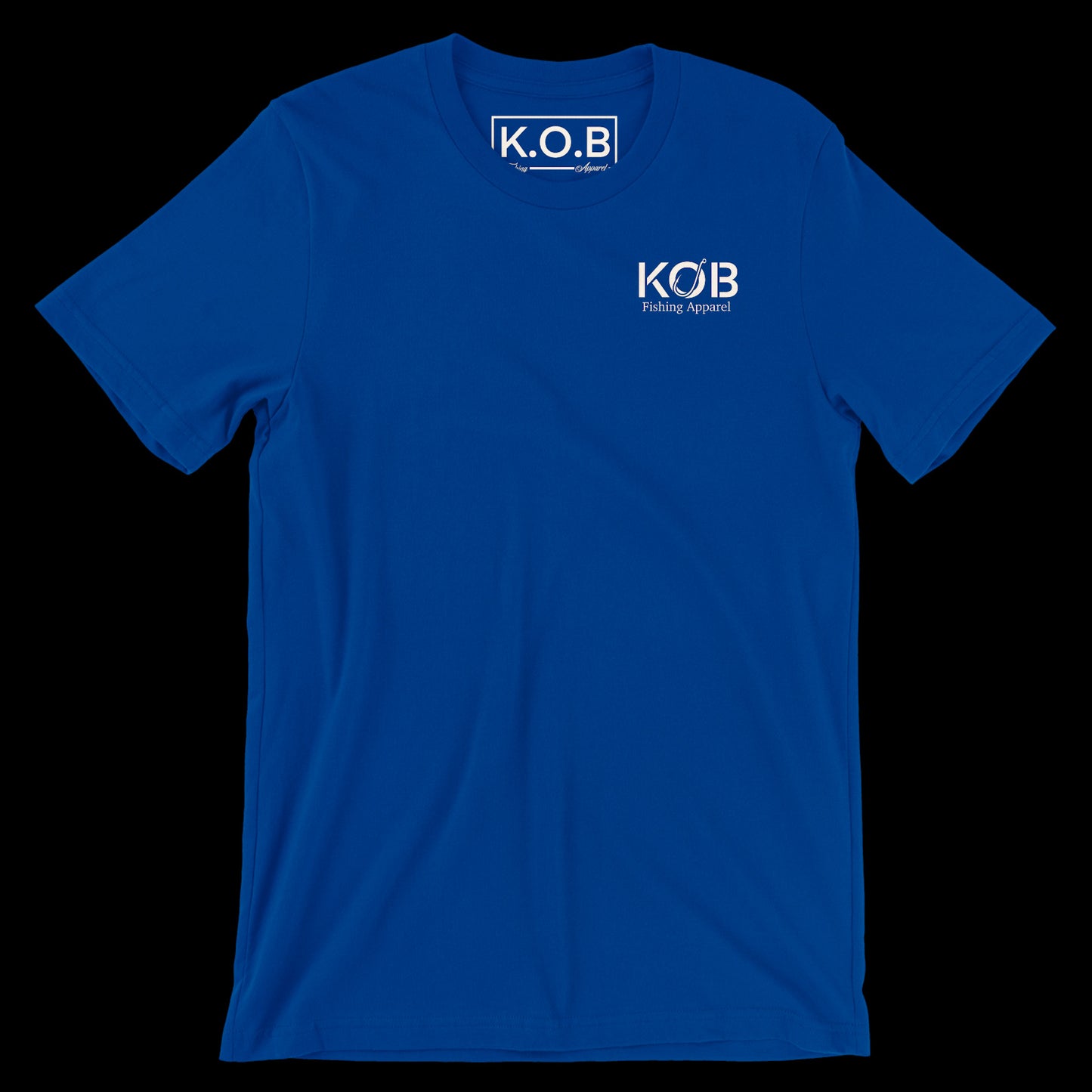 Front side of a blue shirt. On the front left chest it says KOB and on the bottom of KOB it says Fishing Apparel. Neck tag says K.O.B Fishing Apparel