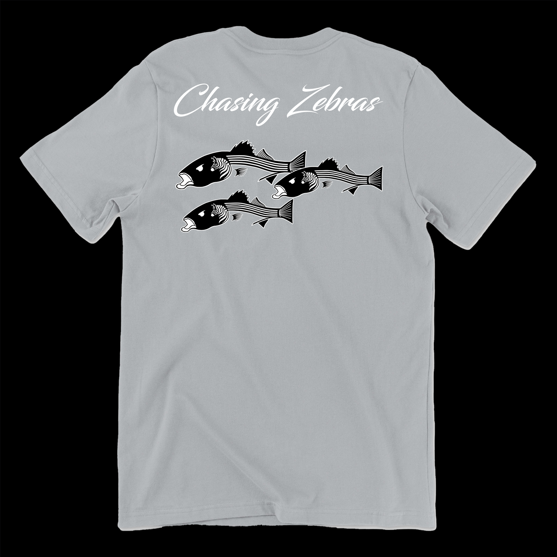 Back of a light gray shirt. It says Chasing Zebras across the back and under it has a design of 3 striped bass in black and white and the striped bass have zebras on the side of their head